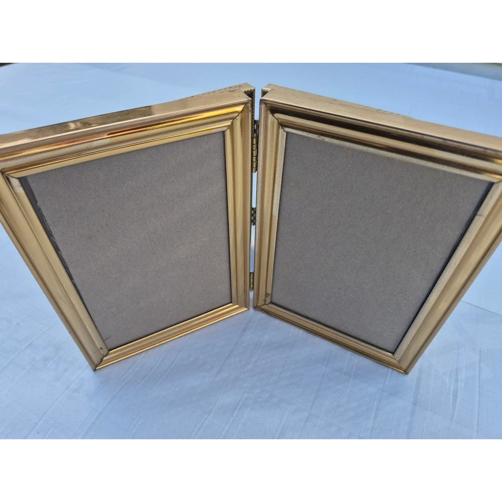 Vintage Intercraft Gold Metal Folding Double Picture Frames Set of 2 Beaded Edge